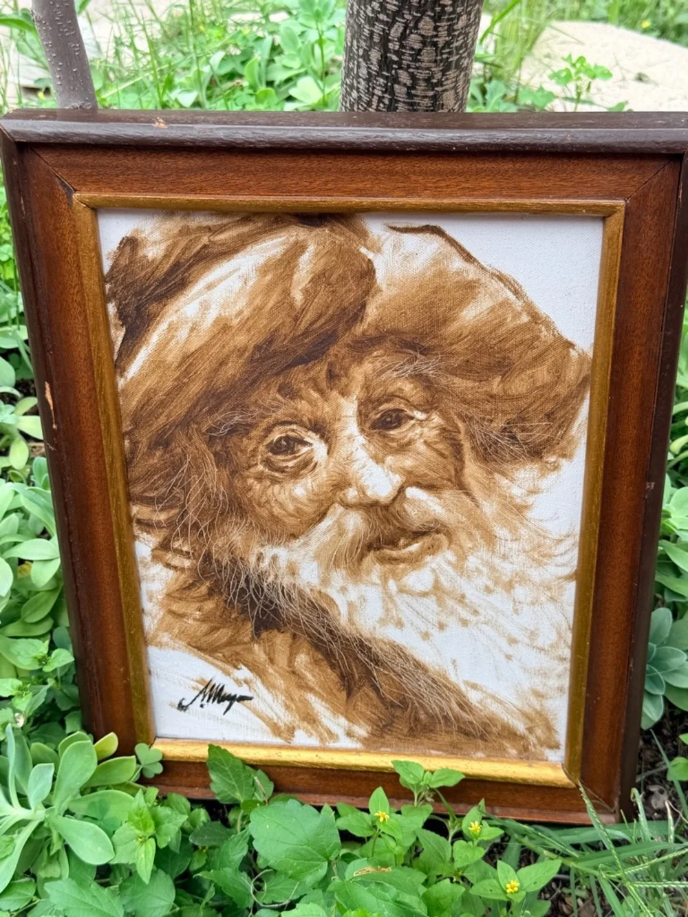 Vintage Framed Portrait signed textile painting European decor old world neutral